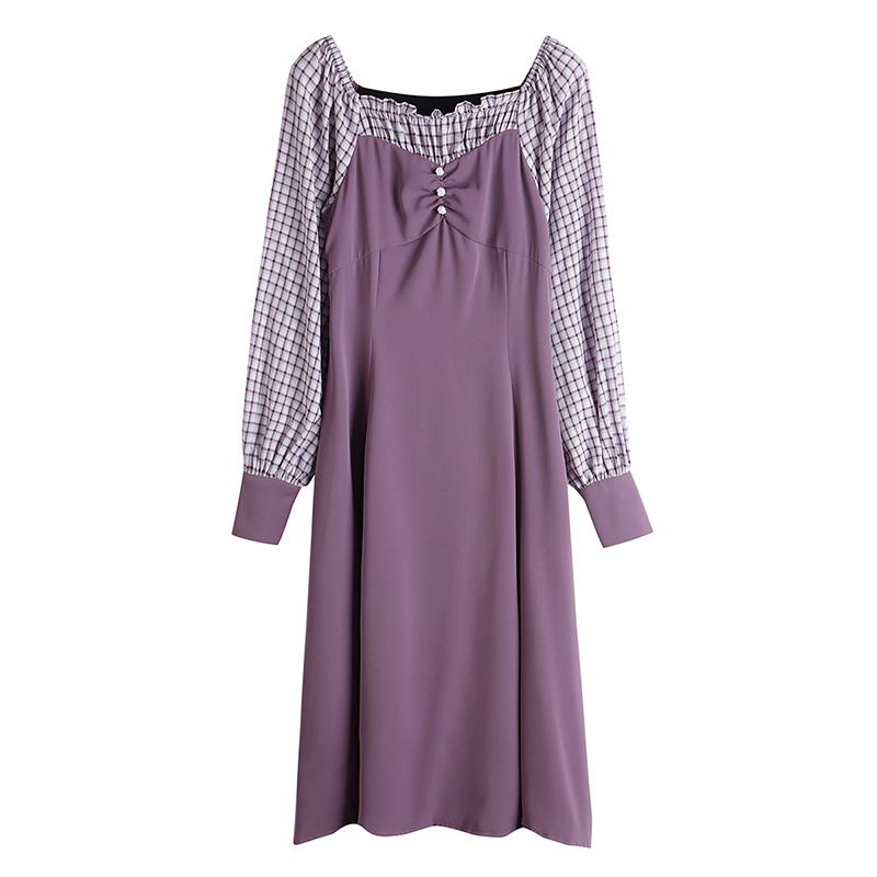 Fashion Women's Clothing Autumn Square Collar Full Plaid Vintage Dresses Women Dress Casual