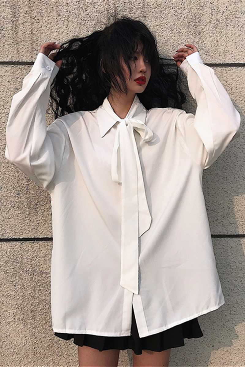 Autumn Retro Bow Tie Solid Full Shirt Loose Casual Women Blouses 210615Z