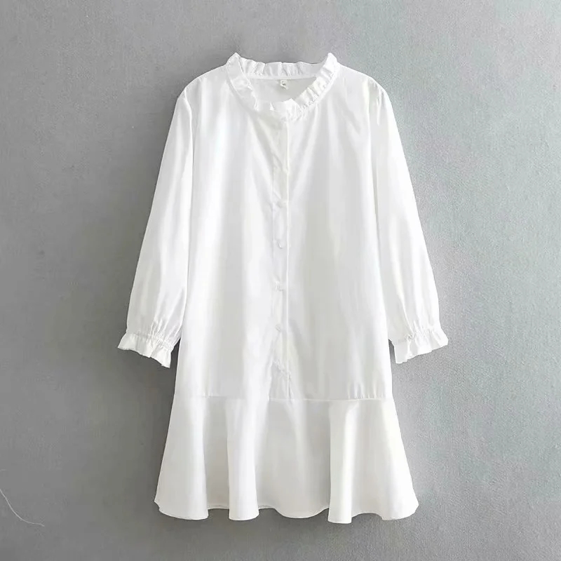 Women Ruffled Hem White Mini Shirt Dress Female O Neck Nine Quarter Sleeve Clothes Office Lady Loose Vestido D6983 210430