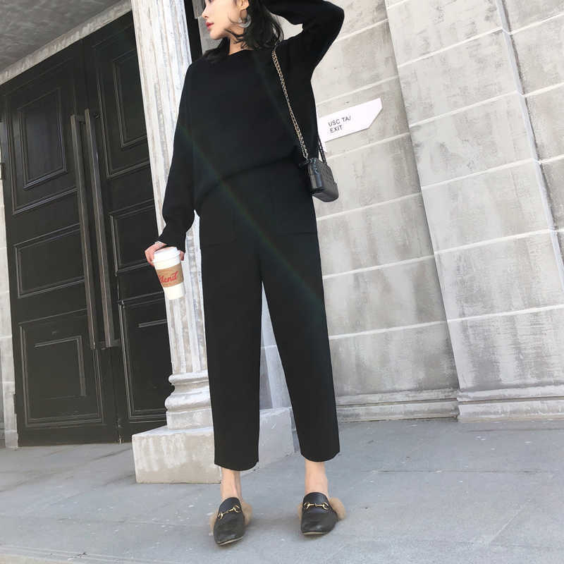 Knitted 2 pieces Set Tracksuits Women 2019 Autumn Winter Thick Warm O-neck Loose Sweater+Ankle-Length Pants Warm Cashmere Suit T191231