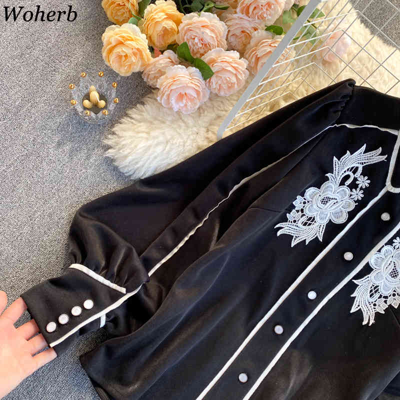 Temperament Top Lady Vintage Lantern Sleeve Blouses Women Loose All-match Embroidery Shirts Chic Black Blusas Mujer 4H229 210519
