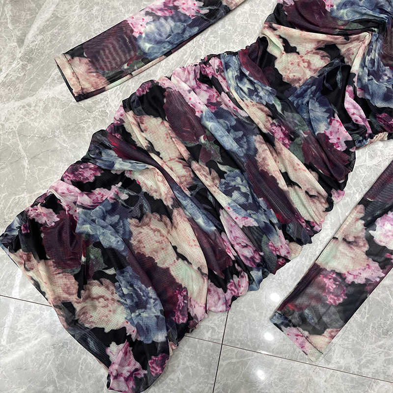 DEAT Spring Arrivals V-neck High Waist Long Sleeve Zipper Print Mesh Slim Buttocks Dress MZ496 210709