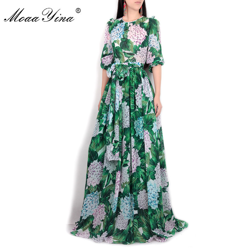Summer Runway Maxi Dress Women's Long Sleeve Casual Bohemian Party Holiday Green Leaves Floral Printed 210524