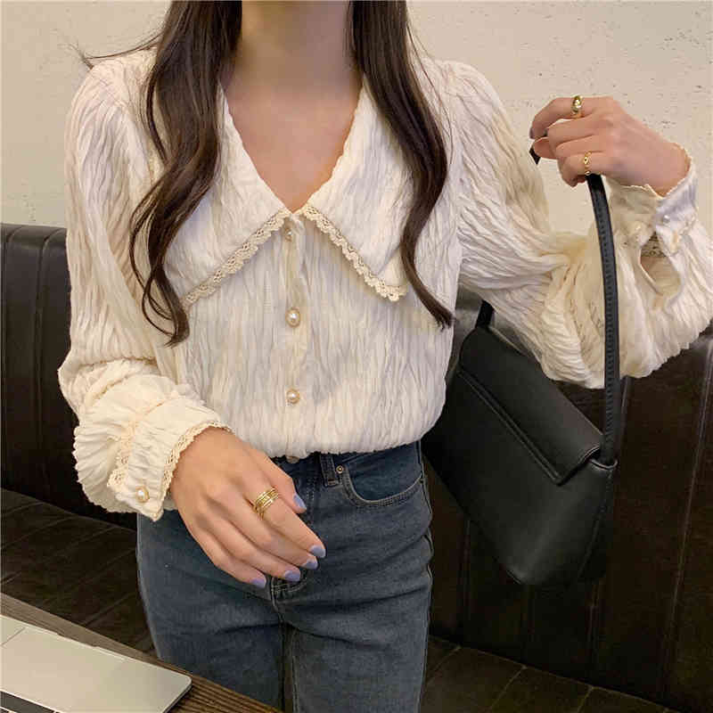Comelsexy Women Chic Blouse Folds Solid Femme Gentle Shirts Office Lady High Waist Streetwear Long Sleeves Tops 210515