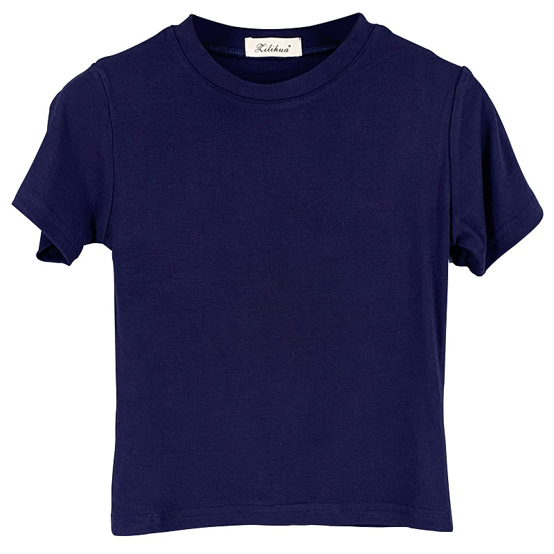 Spring and Summer Dark Blue Sexy Open Waist Short Sleeve T-shirt for Women Solid Color Korean Blusas Mujer 210510