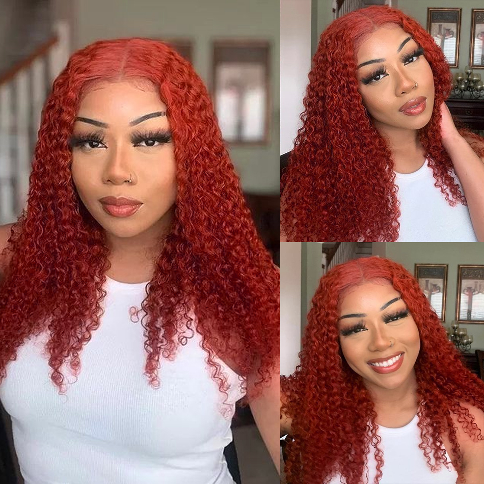 Curly Human Hair Wigs Wine Red Brazilian Remy Deep Wave Full Lace Front Synthetic Wig 180% Pre Plucked