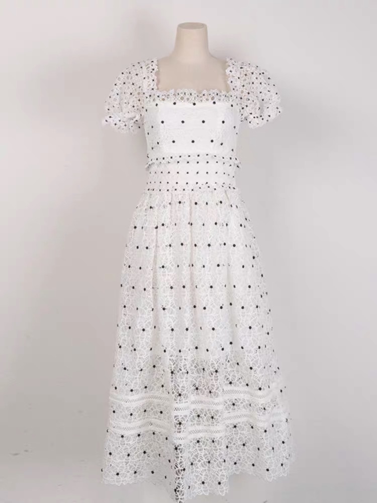 vintage victorian white polka dot A-line square collar retro midi dress women party daily robe dresses fashion chic 210421