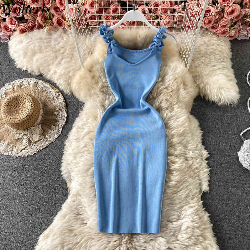 Summer Women Dress Korean Fashion Robe Ruffles Sling Knitted Bodycon Dresses Solid Sleeveless Temperament Vestidos Jumer 210519