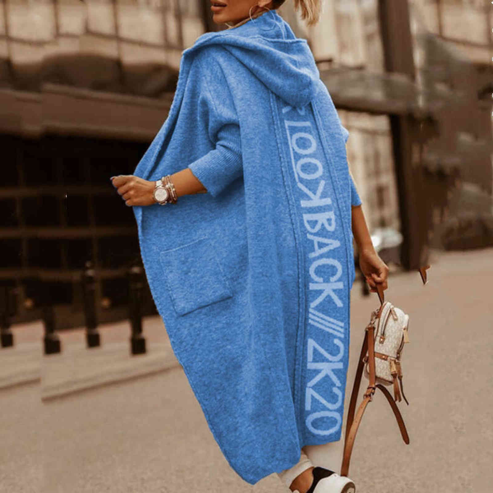 Women's Knitted Mid-length Hooded Cardigan Letter Stitching Knitted Sweater Women Jacket 211117