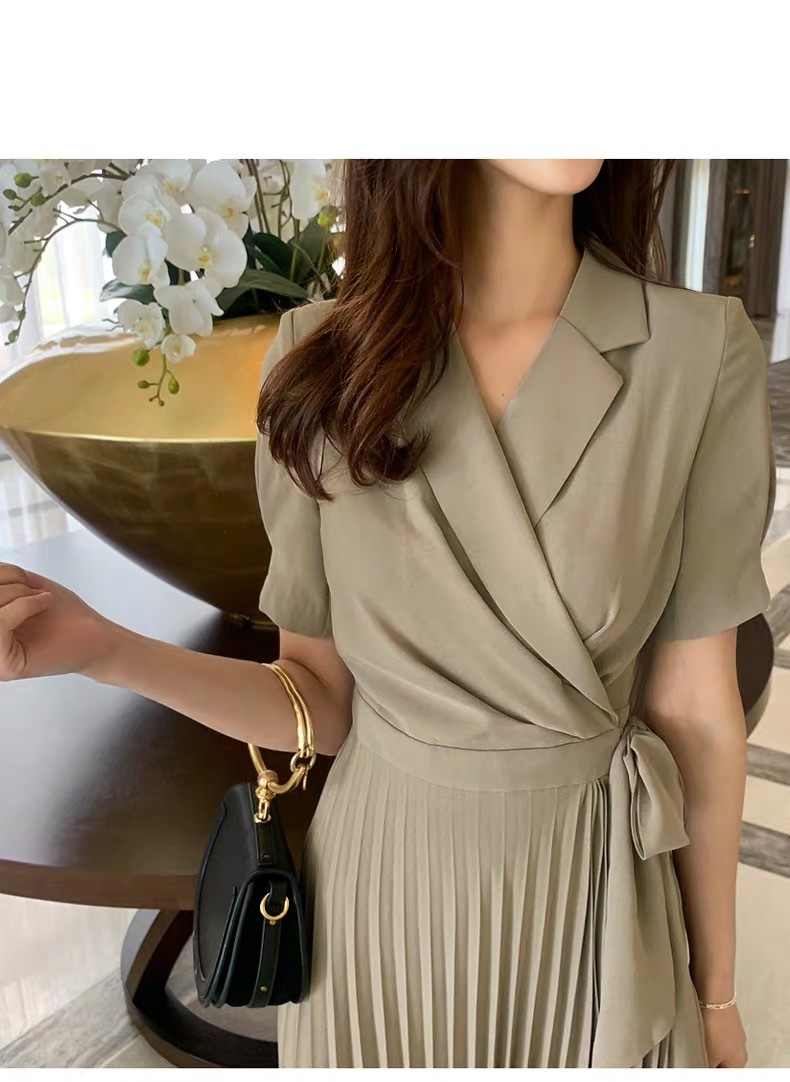 Women's fashion Notched Neck Pleated Dress Draped Lace Up Bow Midi Dresses OL Elegant Work Wear Business Vestidos 210519