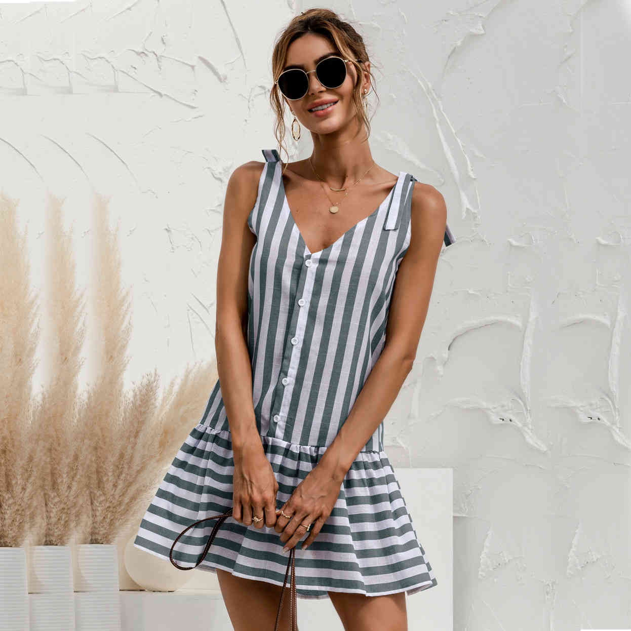 Women Summer dress Lovely Spaghetti Strap A-Line V-Neck Slim Striped Casual Single Breasted Women's mini Dress holidays 210524