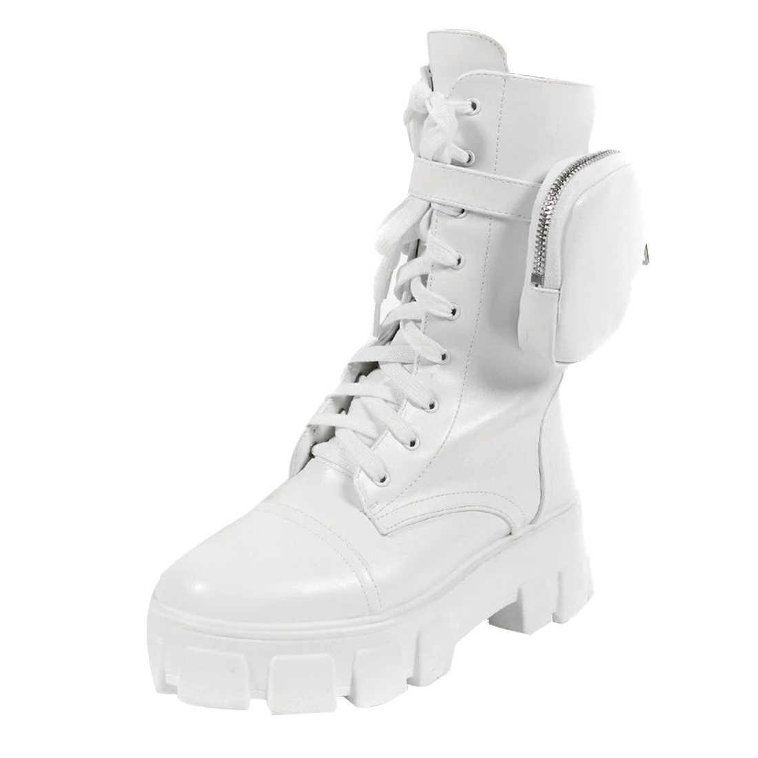WENYUJH 2020 Women Pocket Boots Lace Up Ladies Ankle Boots Female Buckle Strap Black Chunky Pouch Ankle Boots Platform Y0914