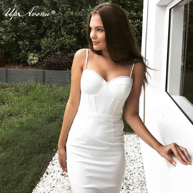 Women's Bandage Dresses White Sexy Sling V-neck Halter Bodycon Lace Patchwork Celebrity Club Party Vestidos 210524