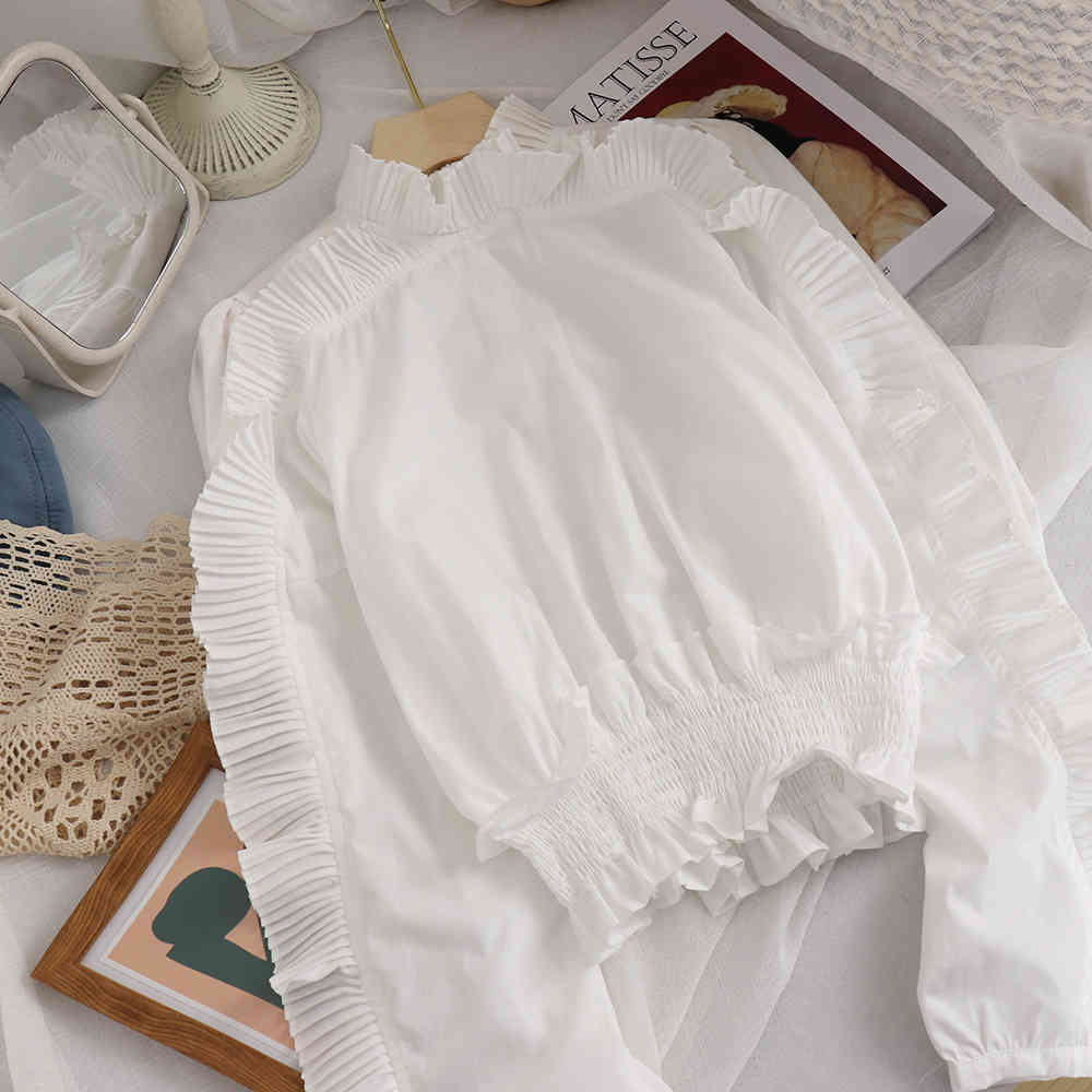 Elegant Ruffle Blouses Women Korean Chic Fashion Clothes Solid Shirts Office Lady Stand Collar Crop Blusas Camisas Mujer 210519