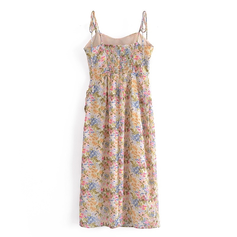 Holiday Summer Colored Floral Print Sling Dress Sexy Hem Slit A-line Adjust Spaghetti Strap Chiffon Long 210429