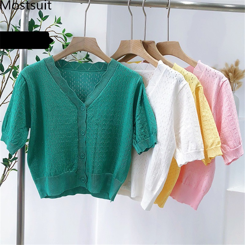 Summer Hollow Out Knitted Cardigan Crop Tops Women Short Sleeve V-neck Knitwear Fashion Vintage Soft Ladies Jumpers Femme 210514