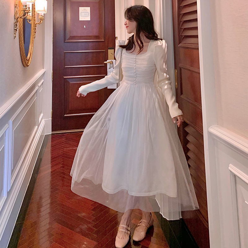 Knit Dress Korea Spring Lace Elegant Dress Ladies Long Sleeve Square Collar Slim Fairy Office Vintage Dress Women 210521