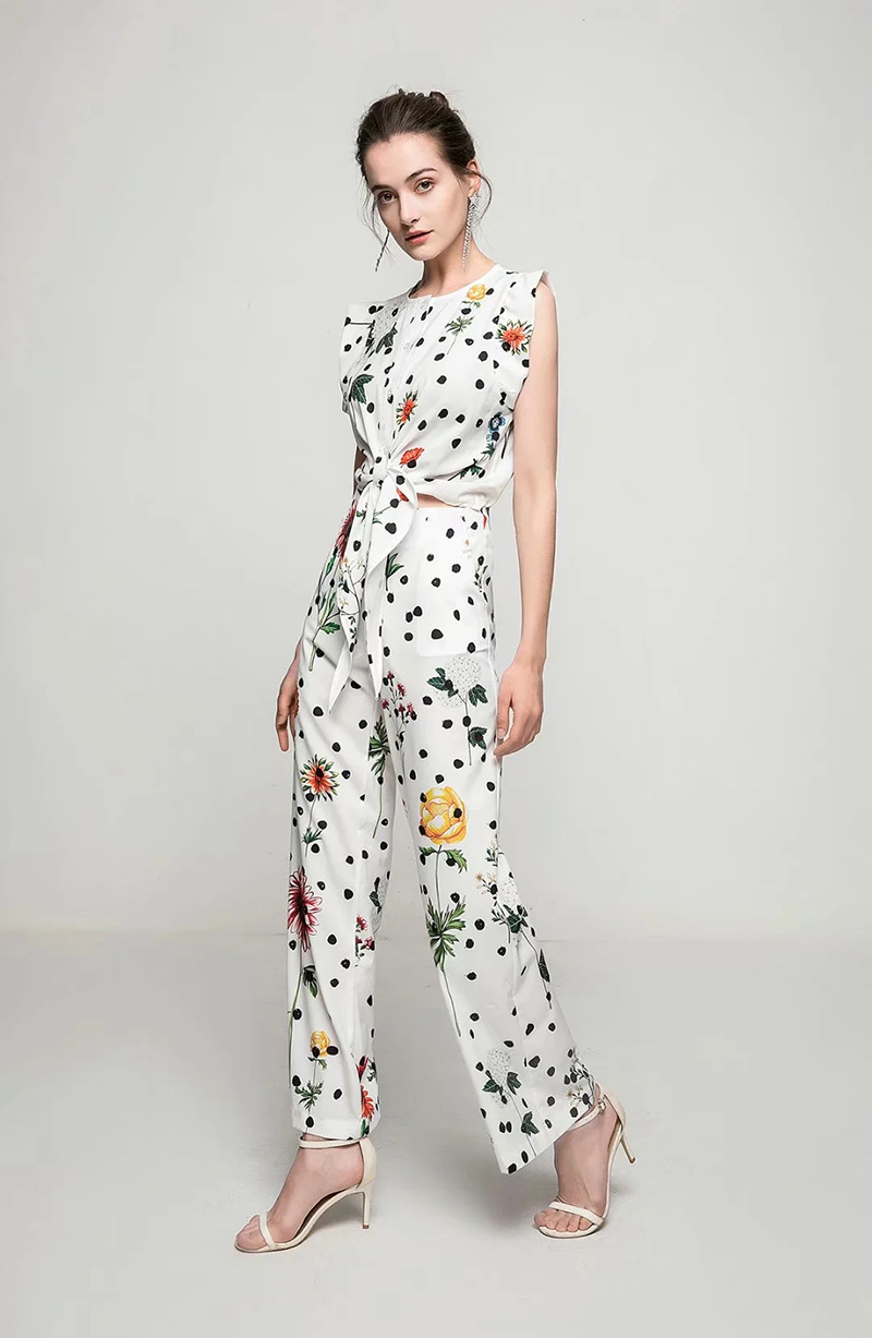 Women's Two Piece Pants Sets O Neck Flare Sleeves Lace Up Blouse with Printed Long Pant Fashion Runway Twinsets