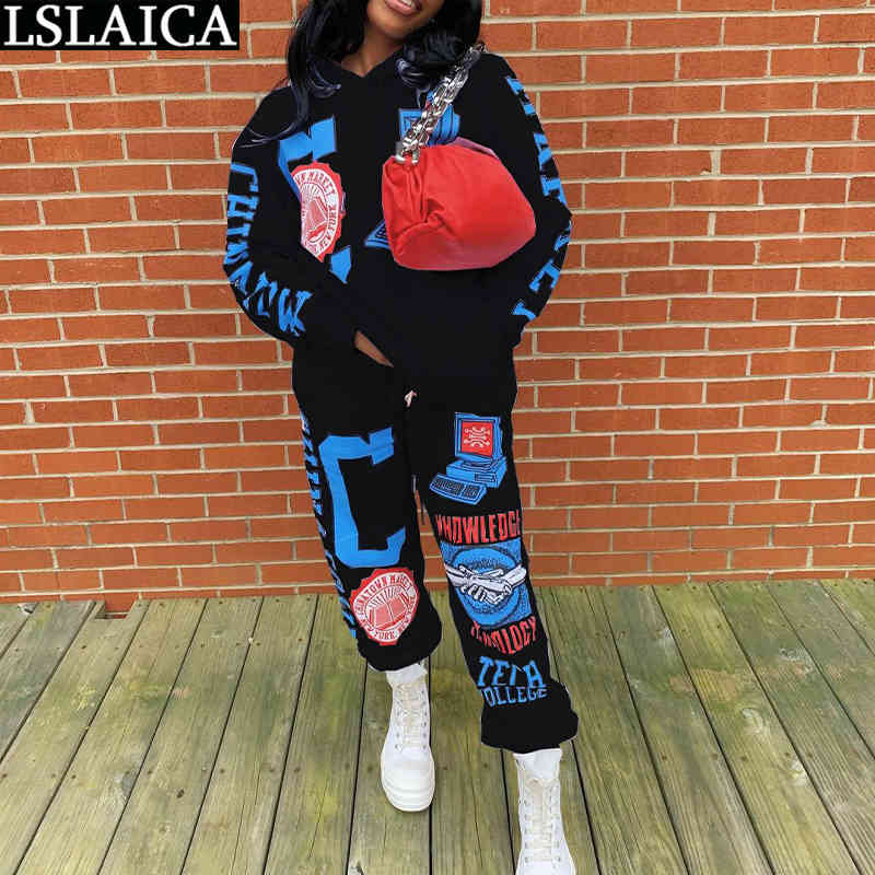 2 Piece Sets Womens Outfits Plus Size Fashion Knitted Print Casual Joggers Set Autumn Winter Streetwear Tracksuit 210515