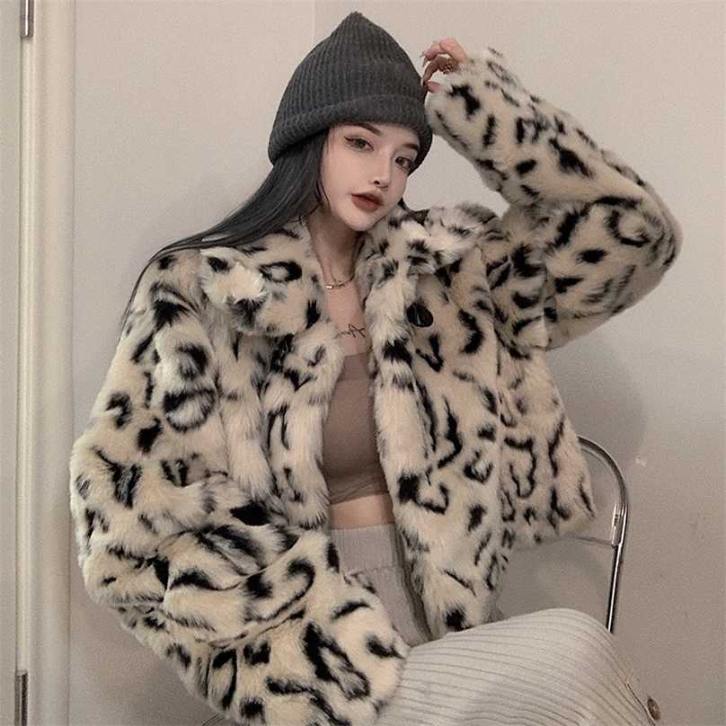 Lucyever Fashion Leopard Short Furry Jacket Womens Spring Keep Warm Faux Fur Coat Woman Korean Turn-down Collar Plush Coats 211123