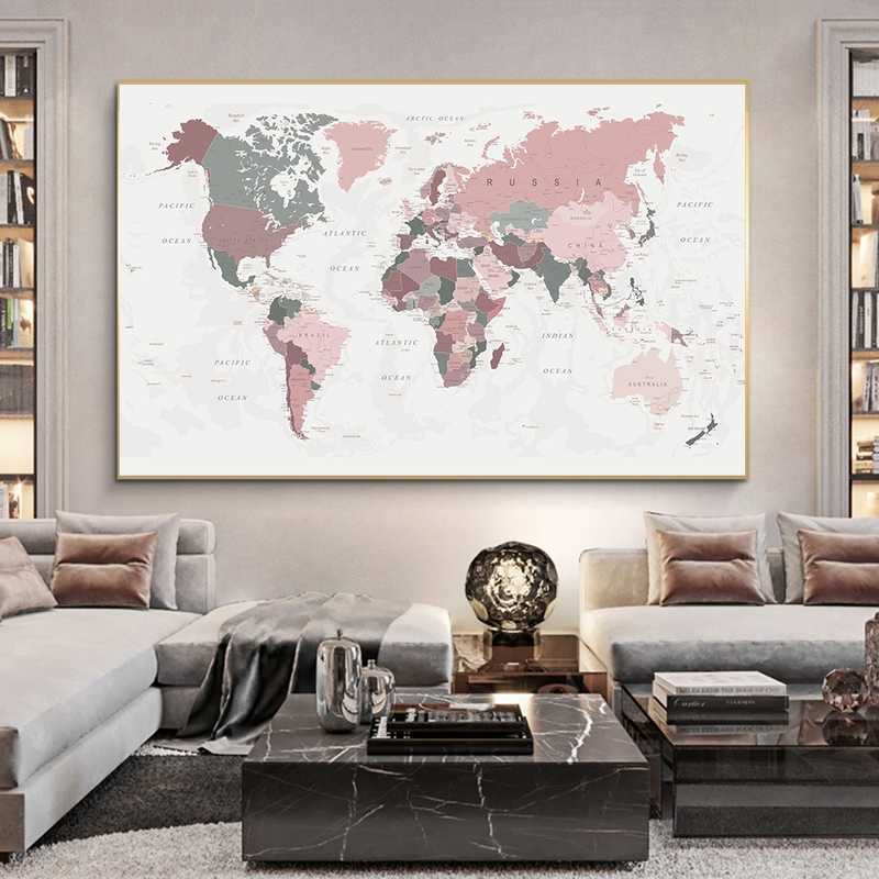 World Map Poster Print Pink Colors Wall Art Canvas Painting Big Size Wall Picture for Living Room Home Decor Cuadros No Frame 210705