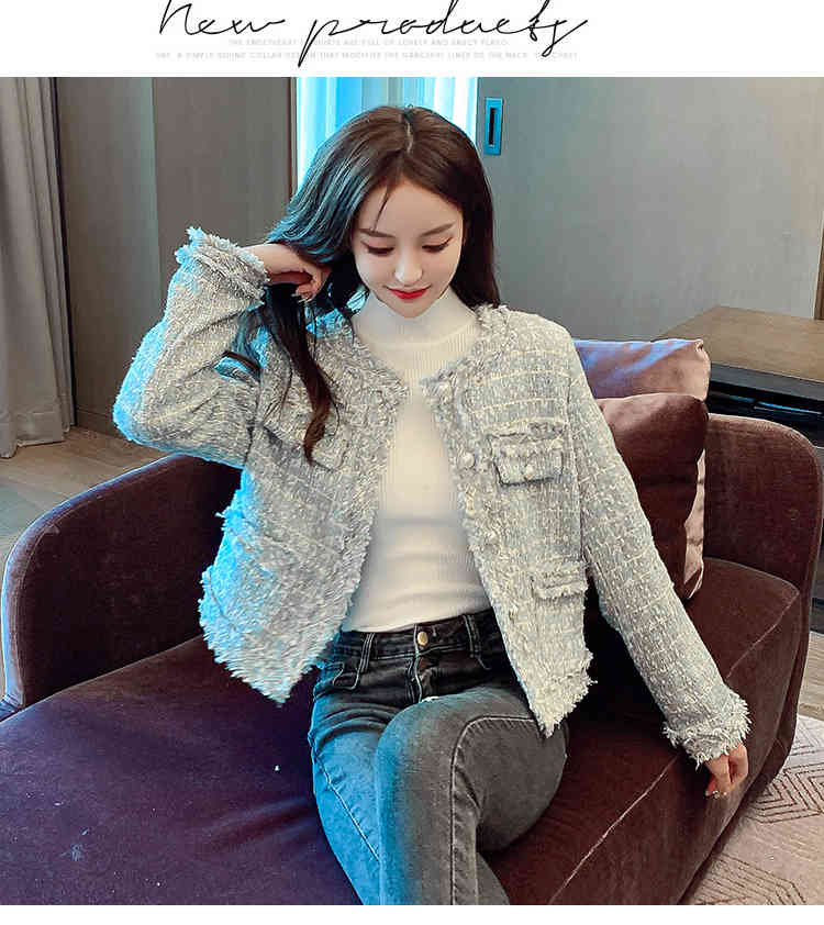 Women Elegant Tweed Outerwear Spring Round Neck Single Breasted Blends Wool Female Long Sleeve Jacket Coat 210519