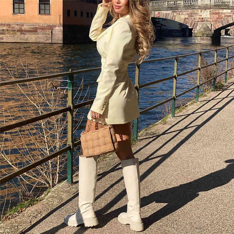 Elegant Woman Beige Slim Blazer Mini Dress Spring Casual Office Ladies A-Line Dresses Female High Waist 210515