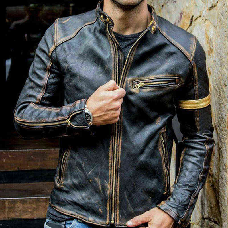 Jacket Men's Fashion Faux Leather Stand Punk Motorcycle Jacket Autumn Winter Casual Long Sleeve Zipper Stitching Jacket 211111