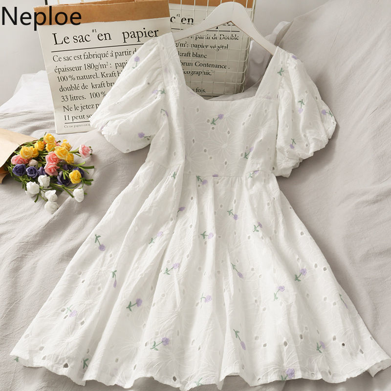 Neploe Hollow Out Embroidery Dress Women Summer Sweet Robe Puff Short Sleeve Square Neck Loose Vestidos White Mini Dresses 210422
