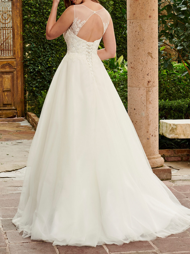 Lace Applique and Tulle Wedding Dress with a Sheer Neckline Ball Gown Bridal Gowns Open Back with Lace-Up