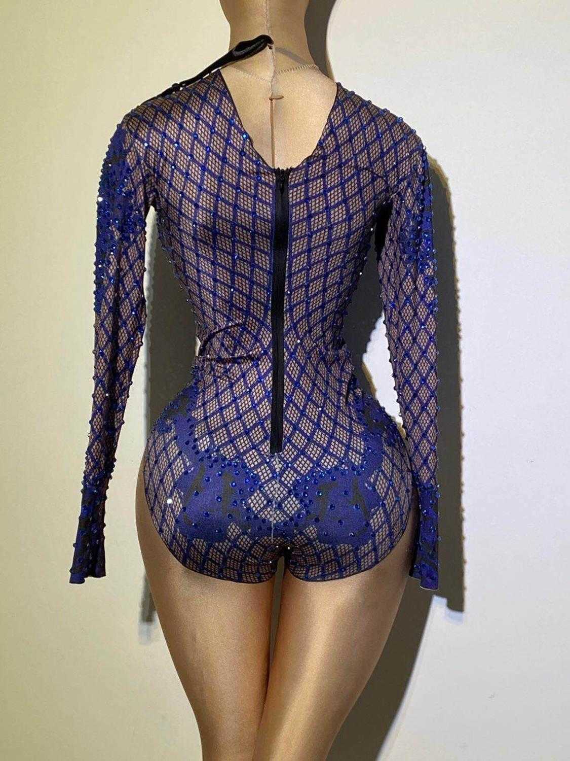 Sexy Blue Print Dancer Bodysuit Women Long Sleeve Elastic Crystal Jumpsuit Female Club Showgirl Stage Leotard Costume 210622