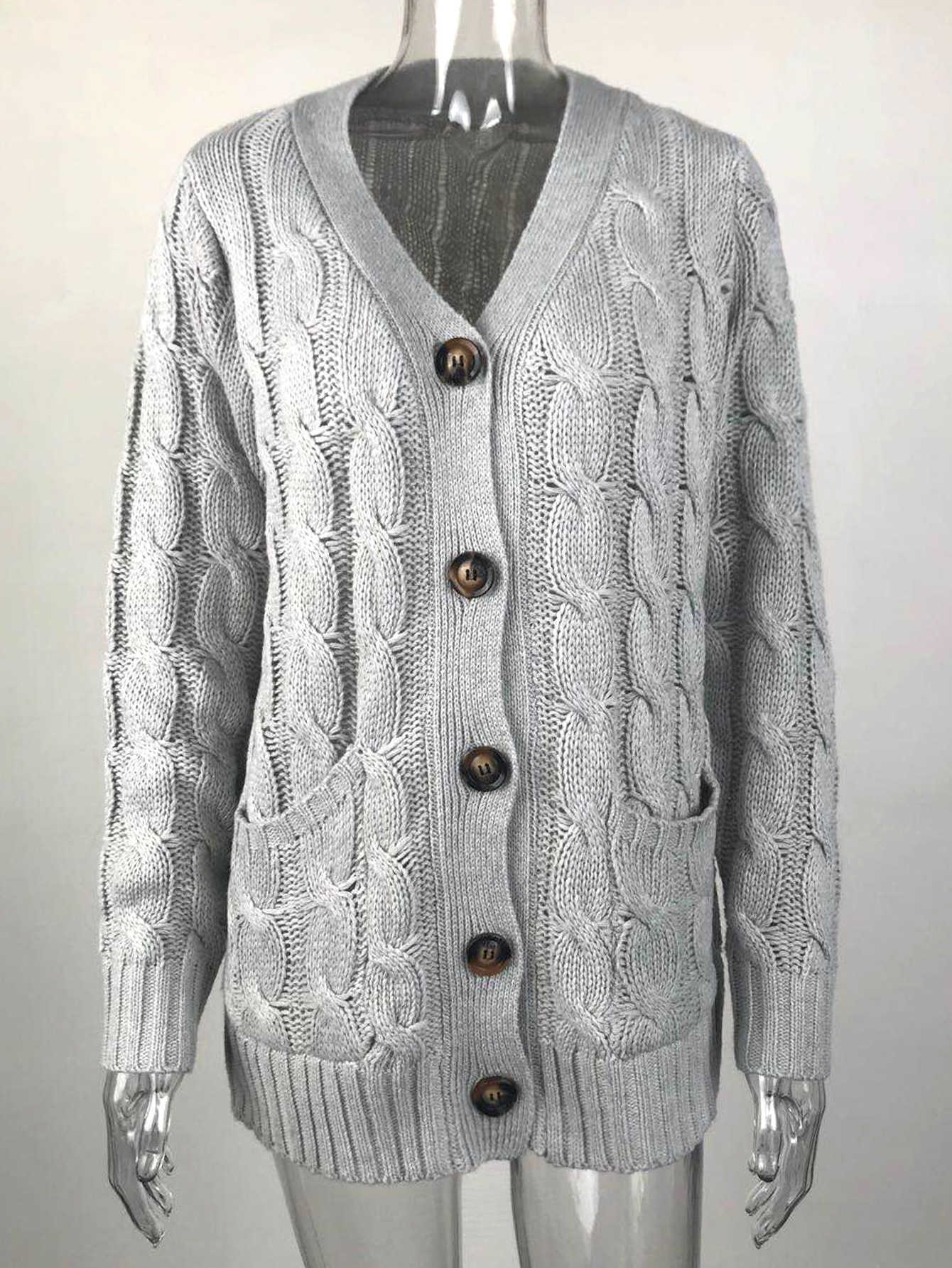Autumn Ladies Twist Pattern Single Breasted Knitted Cardigan Casual Black Loose Womens Winter Clothing Dames Trui Lange Mouwen 210604