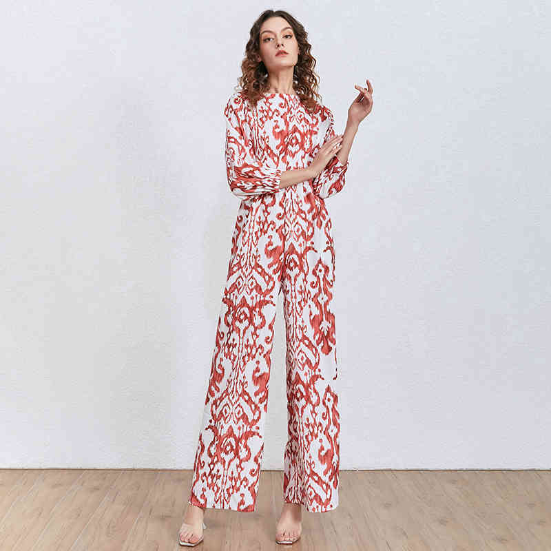 Casual Printed Jumpsuit Female Long Sleeve High Waist Wide Leg Jumpsuits Women Fashion Clothes Spring 210521