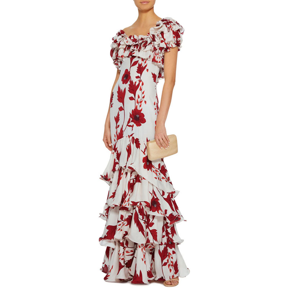 Free Elegant Layered Ruffle Print Long Dress One-shoulder Lantern Short Sleeve Vacation Party 210524