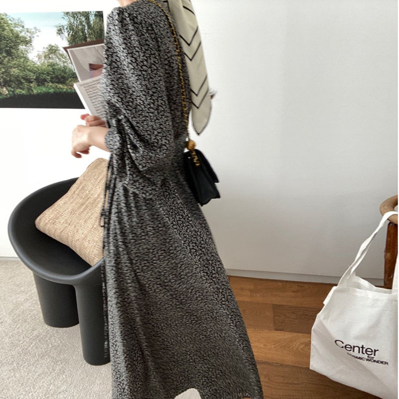 Elegant Maxi Long Dress Korea Chic Vintage Puff Sleeve Print s Casual V-neck with Ribbon Vestidos Feminino 12526 210506