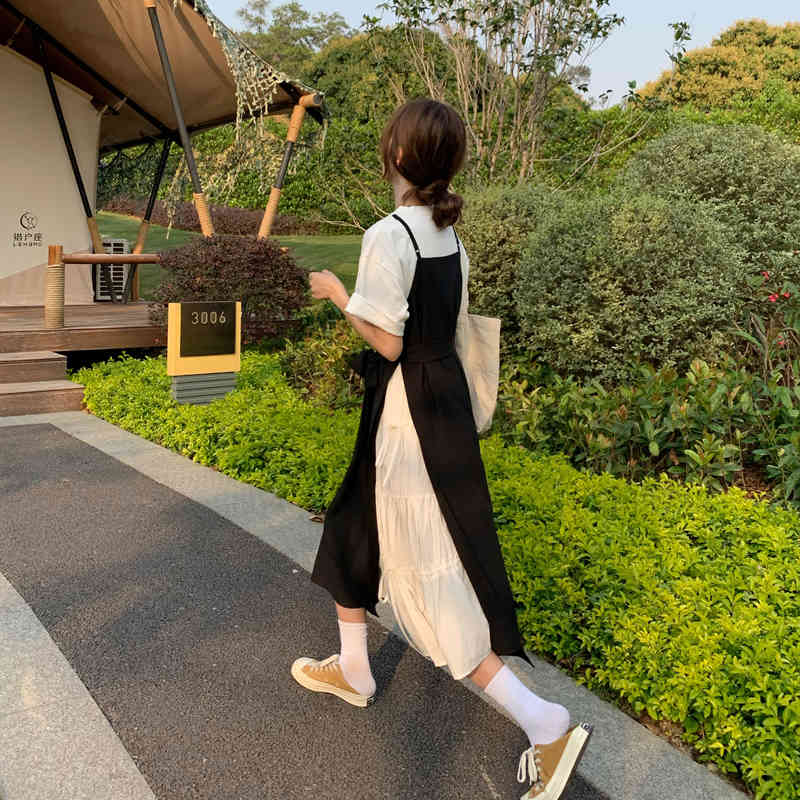 Bohemian Beach Summer Dress Women Casual Preppy Style Spaghetti Strap Black Patchwork Vintage Long dress Female (N0071) 210423