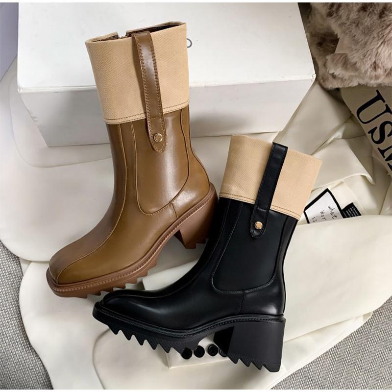 Boots Women PU Leather Thick Sole Mid Calf Woman Chunky Heels Short Boot Fashion Square Toe Ladies Shoes Female Footwear