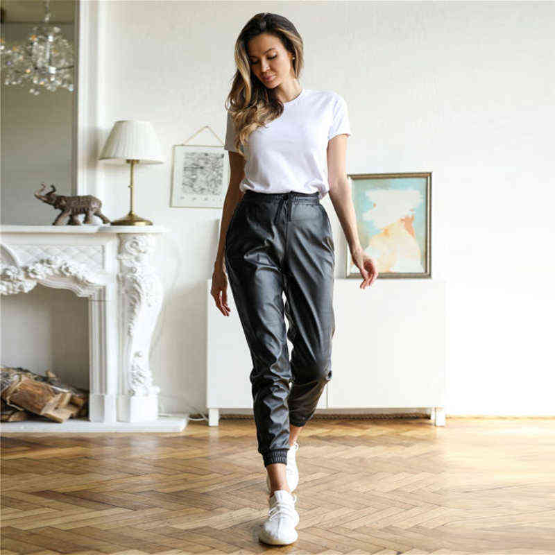 Fashion PU Pants For Women Full Length Pencil Faux Leather Solid Elastic Waist Drawstring Casual Loose Office Lady 211115