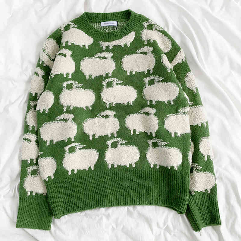 Kimutomo Cute Sheep Jacquard Sweater Women Warm Spring Autumn Chic Korean Girls O-neck Wild Long Sleeve Tops Knitwear 210521