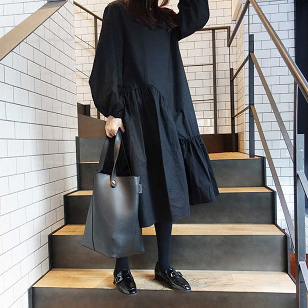 Fall Solid Slim Loose Irregular Plus Size O Neck Dresses Women Casual Pleated Elegant Retro Women's Dress 210615Z