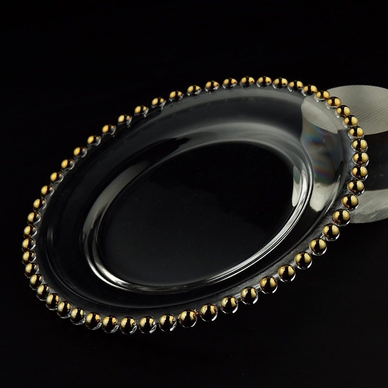 Pearl creative personality style transparent glass cake Western food golden bead edge plate
Pearl creative personality style transparent glass cake Western food golden bead edge plate