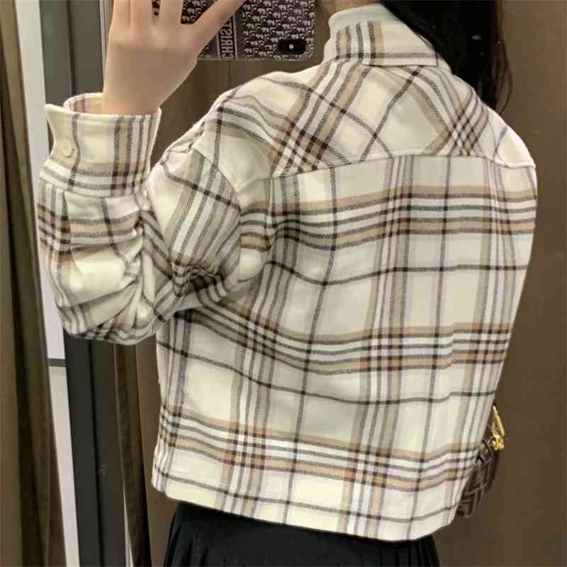Elegant Women Plaid Tweed Shirts Fashion Ladies Loose Pocket Tops Streetwear Female Chic Turn Down Collar Shirt 210430