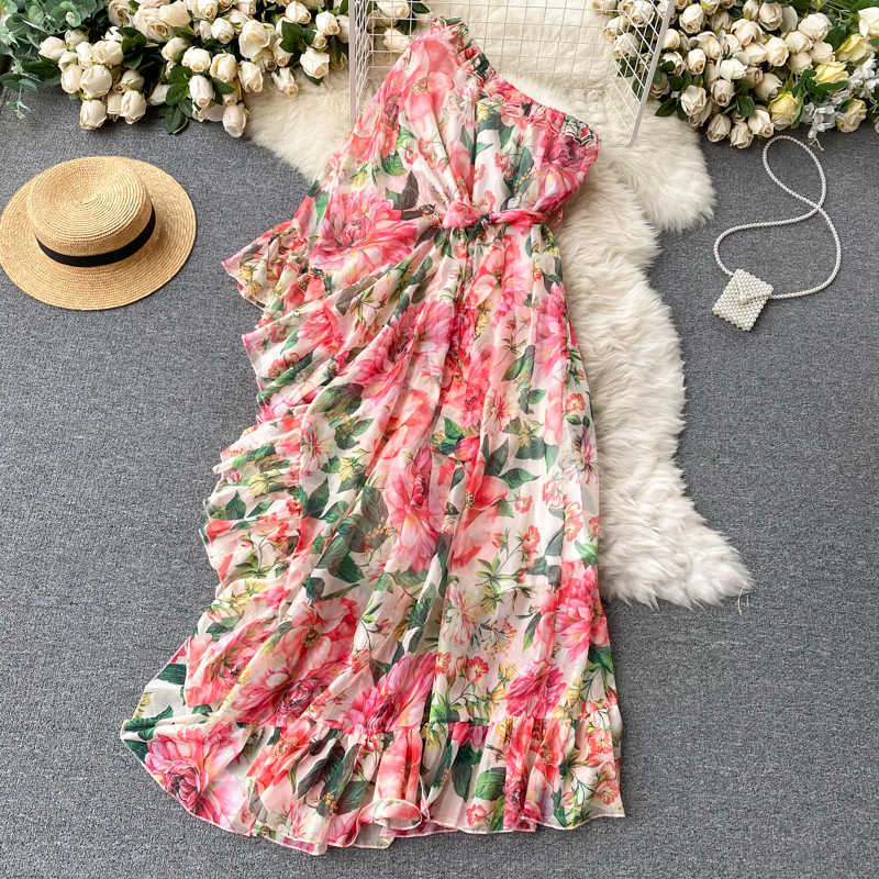 DEAT Women Printing Ruffles Dress Diagonal Collar Sleeveless Arrivals Lady Sexy Fashion Spring Summer 11D1716 210709