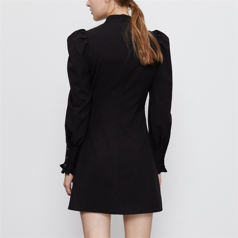 Elegant Women Black O-Neck Dress Fashion Ladies Hollow Out Vestidos Streetwear Female Chic Puff Sleeve Mini Dresses 210430
