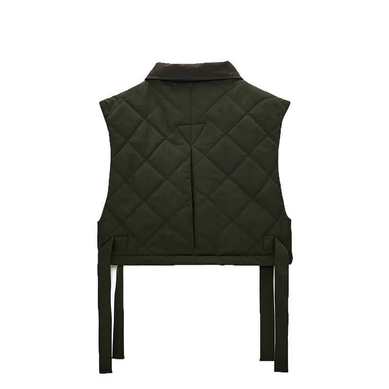Stylish Chic Green Pocekts Quilting Cropped Vests Women Fashion Side Buttons Tie Turn-down Collar Waistcoat 211008