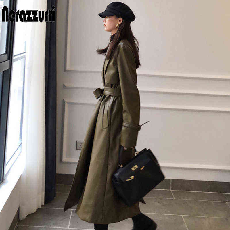 Nerazzurri Autumn long oversized leather trench coat for women long sleeve sashes Loose faux leather coats women fashion 211130