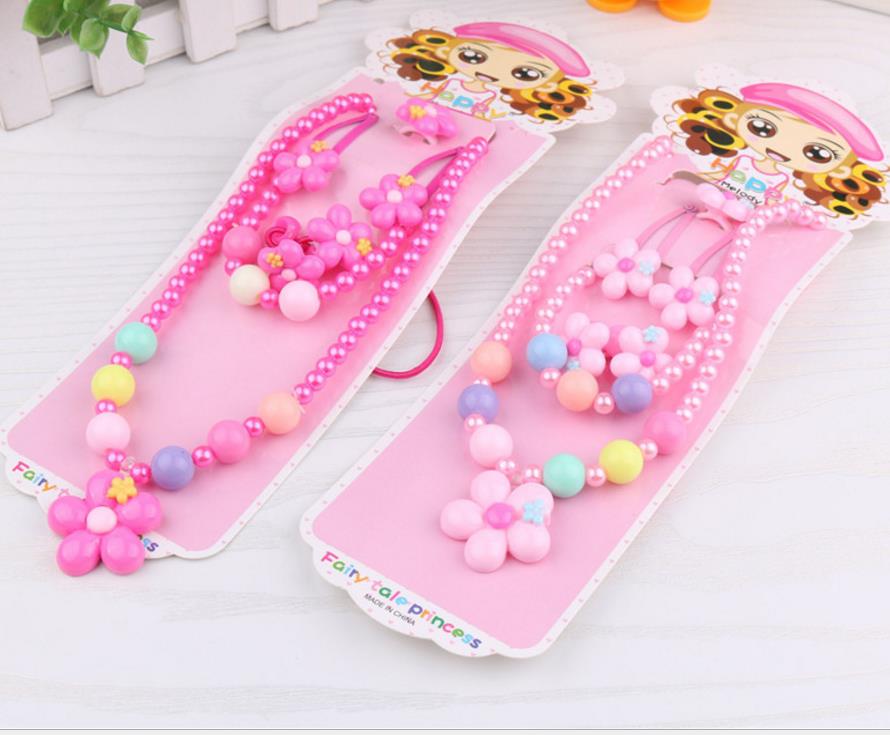 Kids gift jewelry set girl pearl beads cartoon pendants necklace bracelet ring hair clip hairband Sets Christmas Party Favor bag filler prize pink