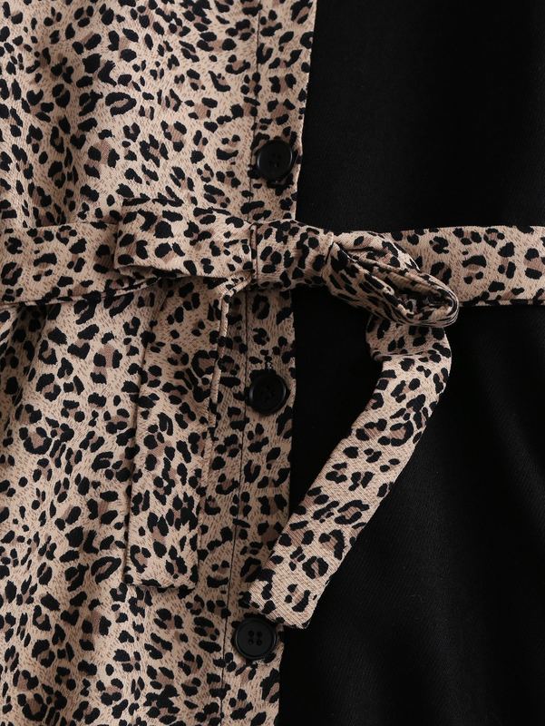 Girls Leopard Spliced Belted Shirt Dress SHE