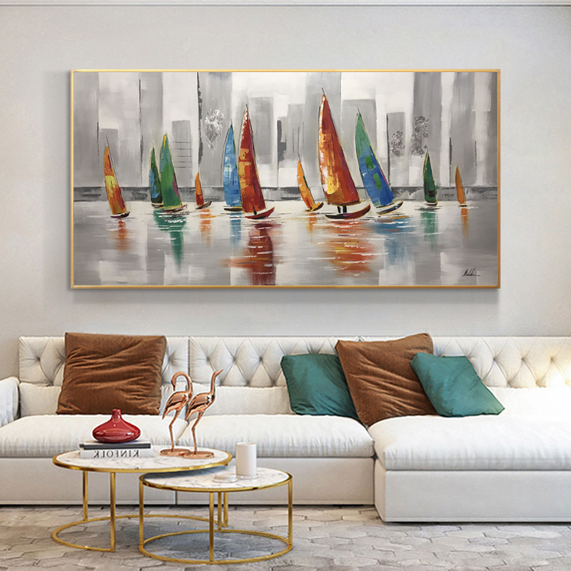 Oil Painting On Canvas Boat On the Sea Pictures Canvas Prints Wall Art For Living Room Decoration Landscape Posters