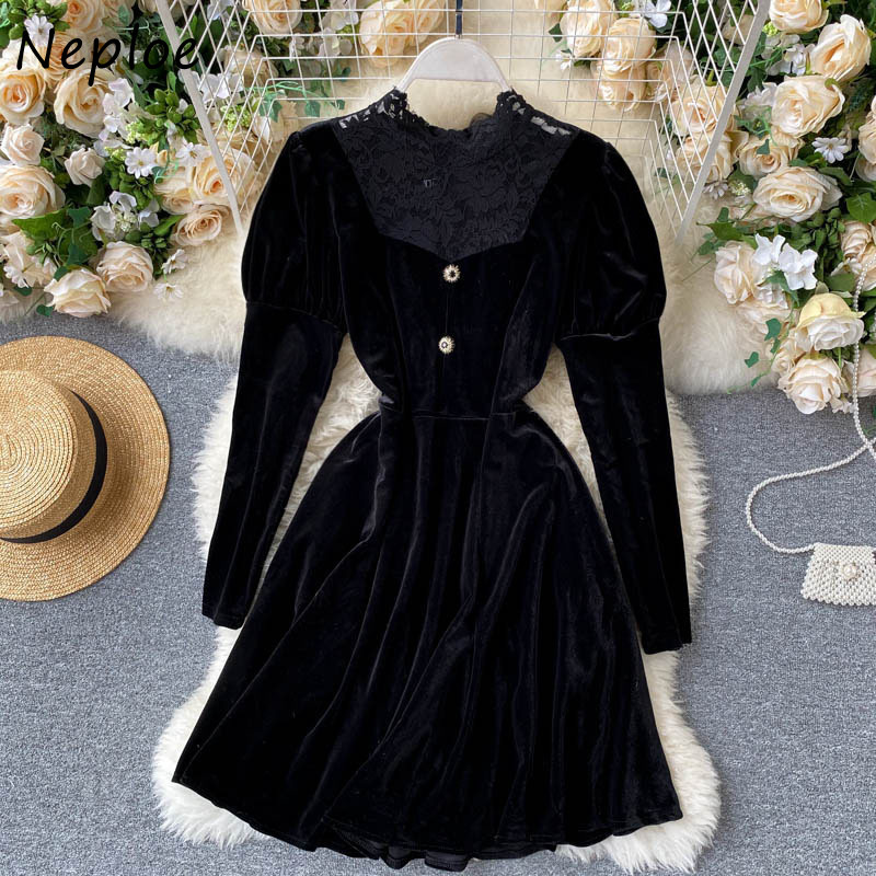 Neploe Retro Lace Patchwork Dress Elegant O-neck Long Sleeve Slim Waist Velvet Femme Vestidos Chic Button Drawstring Dresses 210422